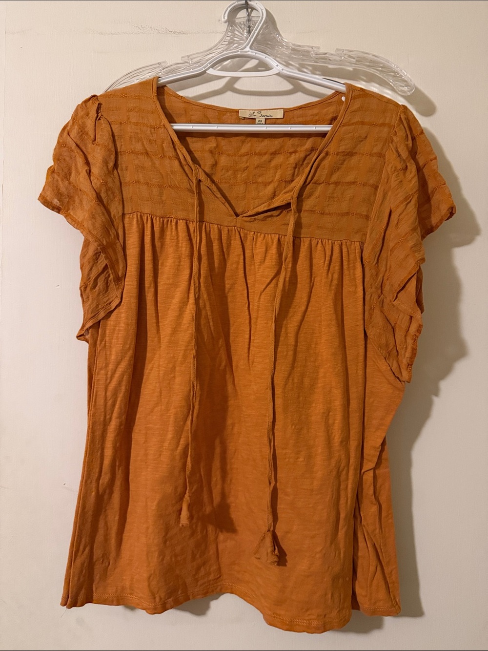 Lightweight Rust Orange Tie-Neck Peasant Blouse